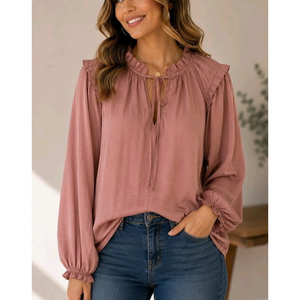 Knox Rose Women's Ruffle Tie Neck Long Sleeve Blouse Pink Size L NWT